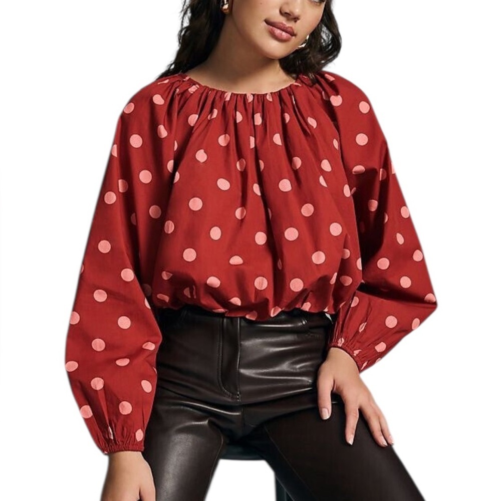 Anthropologie Red Polka Dot Blouse with Pink Dots